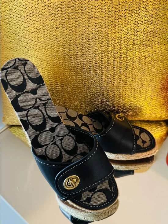 Coach Black Leather Wedge Sandals in Signature Print with Turn Lock Buckle - Picture 3 of 8
